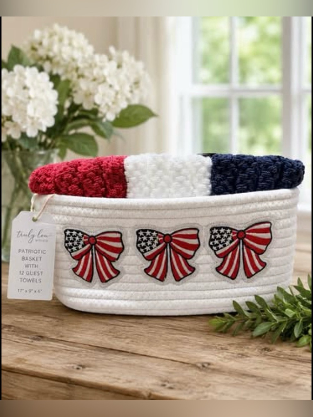 NWT Truly Lou Patriotic Woven Basket With 12 Guest Towels | Red White Blue